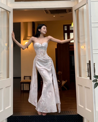 Elegant Spaghetti Straps Mermaid Chiffon Long Prom Dresses, White Evening Dresses DP3107