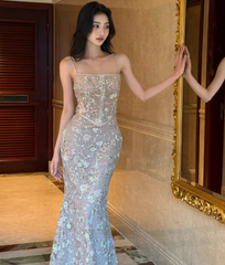 Elegant Spaghetti Straps Mermaid Tulle Long Prom Dresses, Formal Evening Dresses DP3109