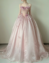 Elegant Strapless Ball Gown Tulle Long Prom Dresses, Pink Formal Evening Dresses DP3119