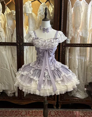 Cute Short-Sleeved Ball Gown Chiffon Short Birthday Dresses Purple Lolita Dresses DP3122