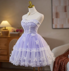 Sweet Strapless A-Line Tulle Lace Short Prom Dresses, Purple Homecoming Dresses DP3127