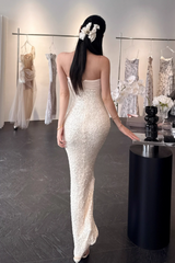 Sexy Strapless Sheath Long Prom Dresses, Light Champagne Formal Evening Dresses DP3131