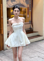 Sexy Strapless A-Line Short Prom Dresses, White Homecoming Dresses DP3133