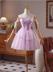 Gorgeous Spaghetti Strap A-Line Tulle Short Prom Dresses, Purple Homecoming Dresses DP3137