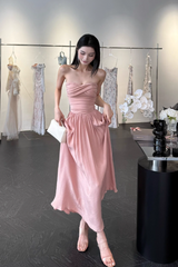 Elegant Strapless Sheath Chiffon Long Evening Dresses, Dusty Pink Formal Dresses DP3145