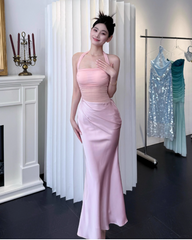 Elegant Halter Sheath Satin Long Evening Dresses, Pink Formal Dresses DP3146