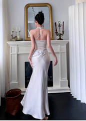 Elegant Halter Sheath Satin Long Evening Dresses, Pink Formal Dresses DP3146