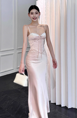 Elegant Sheath Satin Long Prom Dresses,Pink Formal Evening Dresses DP3148