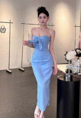 Elegant Strapless Sheath Satin Long Prom Dresses,Blue Formal Evening Dresses DP3150