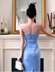 Elegant Strapless Sheath Satin Long Prom Dresses,Blue Formal Evening Dresses DP3150