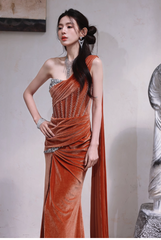 Gorgeous One-shoulder Sheath Velvet Long Prom Dresses, Orange Formal Evening Gowns with Slit DP3154