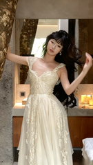 Elegant Sweetheart Sheath Chiffon Long Prom Dresses, Light Champagne Formal Evening Dresses DP3160