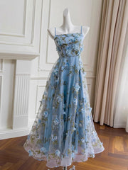 Cute Spaghetti Straps A-Line Tulle Floral Long Prom Dresses, Sky Blue Formal Evening Dresses DP3162