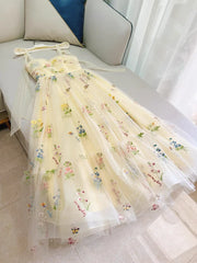 Cute Straps A-Line Tulle Floral Long Prom Dresses, Pale Yellow Formal Evening Dresses DP3164