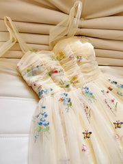 Cute Straps A-Line Tulle Floral Long Prom Dresses, Pale Yellow Formal Evening Dresses DP3164