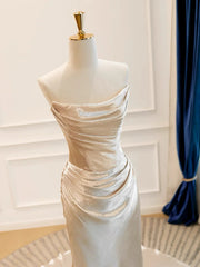 Glam Strapless Sheath Satin Long Prom Dresses, Champagne Formal Evening Dresses DP3166
