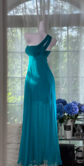 Vintage One-Shoulder Sheath Chiffon Long Prom Dresses, Turquoise Formal Evening Dresses DP3167