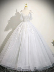 Cute V neck A-Line Tulle Long Prom Dresses, White Sweet 16 Dresses DP3169