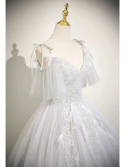 Cute V neck A-Line Tulle Long Prom Dresses, White Sweet 16 Dresses DP3169