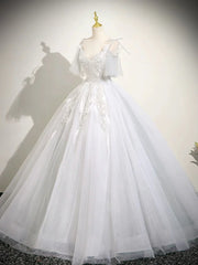 Cute V neck A-Line Tulle Long Prom Dresses, White Sweet 16 Dresses DP3169