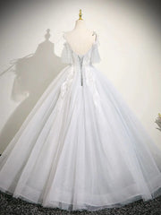Cute V neck A-Line Tulle Long Prom Dresses, White Sweet 16 Dresses DP3169
