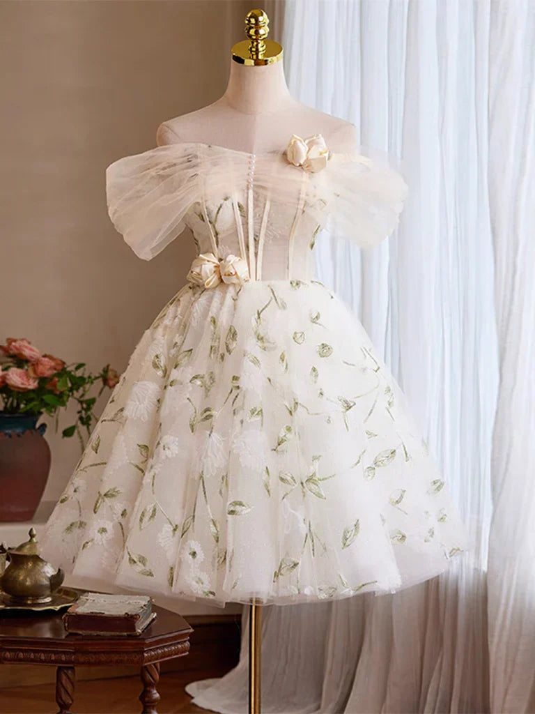 Gorgeous Off-the-shoulder A-Line Tulle Short Prom Dresses, White Homecoming Dresses DP3173