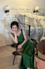 Elegant V-neck Sheath Satin Prom Dresses Dark Green Formal Dresses DP3186