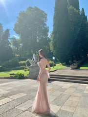 Gorgeous Halter Neck Sheath Evening Dresses Tulle Backless Prom Dresses Light Pink Formal Dresses DP3203