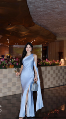 Elegant One Shoulder Sheath Long Evening Dresses, Satin Gray Blue Formal Dresses DP3217