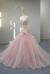 Fairy Strapless Mermaid Long Prom Dresses, Beaded Tulle Pink Evening Gowns DP3221