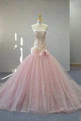 Fairy Strapless Mermaid Long Prom Dresses, Beaded Tulle Pink Evening Gowns DP3221