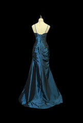 Chic Satin Spaghetti Strap Sheath Long Prom Dresses, Navy Blue Evening Gowns DP3222