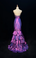 Glam Strapless Mermaid Long Prom Dresses Satin Sleeveless Evening Dress Purple Formal Dresses DP3254