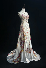 Vintage Spaghetti Strap Sheath Long Prom Dresses Floral Satin Sleeveless Evening Dress Sequin Champagne Formal Dresses DP3255