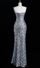 Elegant Spaghetti Straps Mermaid Long Prom Dresses Silver Sequin Formal Dresses Sleeveless Evening Dresses DP3277