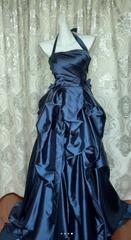Vintage Halter A-Line Long Prom Dresses Satin Navy Blue Formal Dresses Sleeveless Evening Dresses DP3278