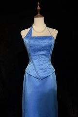 Vintage Asymmetric Neck Sheath Long Evening Dresses Satin Blue Guest Dress DP3303