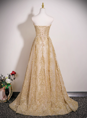 Gorgeous Strapless A-Line Long Evening Dresses Tulle Gold Prom Dresses DP3305