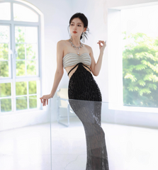 Sexy Strapless Mermaid Long Evening Dresses Beaded Sequin Party Dresses Black Prom Dresses  DP3306