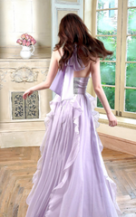 Sweet V-neck Sheath Long Evening Dresses Chiffon Ruffles Backless Party Dresses Purple Birthday Dresses DP3308