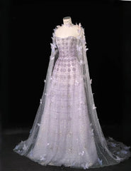 Gorgeous Strapless A-Line Long Evening Dresses Tulle Beaded Light Purple Prom Dressess DP3310