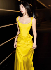 Glam Strap Sheath Long Prom Dresses Satin Yellow Evening Dresses DP3311