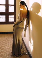 Glam Strapless Sheath Long Prom Dresses Satin Silver Grey Evening Dresses DP3312