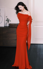Chic Off-the-shoulder Sheath Long Prom Dresses Chiffon Wine Red Evening Dresses DP3313