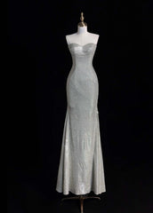 Glitter Sweetheart Mermaid Long Prom Dresses Silver Evening Dresses DP3338