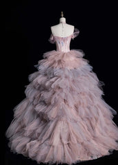 Fairy Sweetheart A-Line Long Prom Dresses Lace Tulle Pink Evening Dresses DP3341