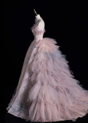 Fairy Sweetheart A-Line Long Prom Dresses Lace Tulle Pink Evening Dresses DP3341