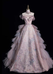 Fairy Sweetheart A-Line Long Prom Dresses Lace Tulle Pink Evening Dresses DP3341