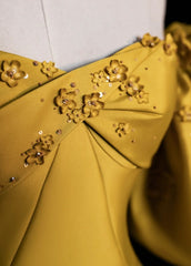 Glam Sweetheart A-Line Long Prom Dresses Satin Yellow Evening Dresses DP3342