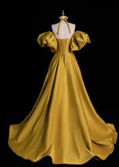 Glam Sweetheart A-Line Long Prom Dresses Satin Yellow Evening Dresses DP3342